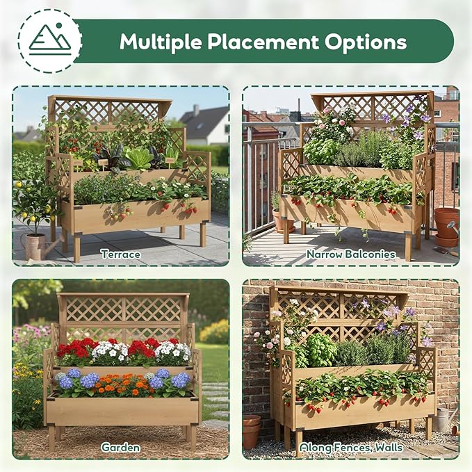Raised Garden Bed with Trellis & Top Shelf, Outdoor Elevated Planter Box with 2 Planting Areas, Liner & Metal Corners for Climbing Plants, Vegetables, Herbs
