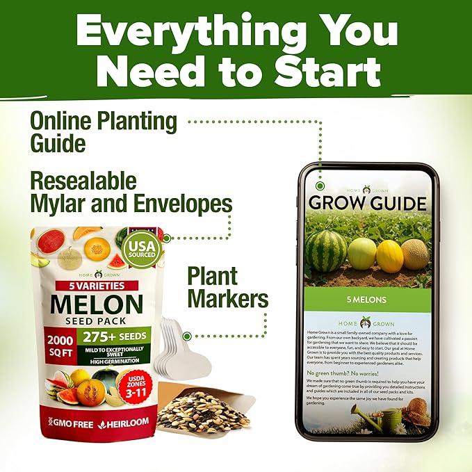 HOME GROWN Melon Seeds 5 Variety Mix 115+ Heirloom Non-GMO, High Germination, Watermelon Sugar Baby, Cantaloupe, Honeydew, Sweet & Juicy Summer Fruit, Indoor Outdoor Garden (Cucumis melo/Citrullus)