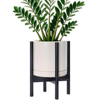 D'vine Dev Ceramic Planter with Ebony Stand - 10 Inch Modern Round Flower Pot with Wood Planter Holder, Oatmeal, 55-B-L-8