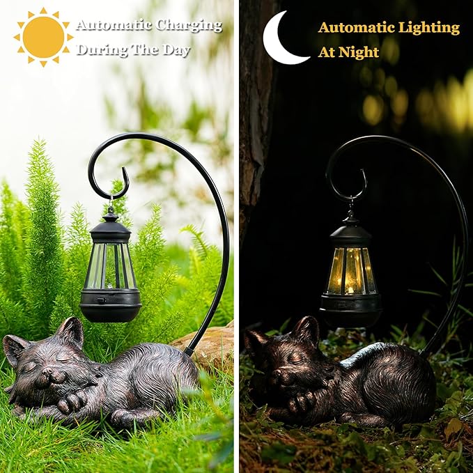 WSgift Outdoor Cat Figurine Garden Statue with Solar-Powered LED Light 13.77 Inches Tall, Gift Garden Statue Decor for Cat Lovers