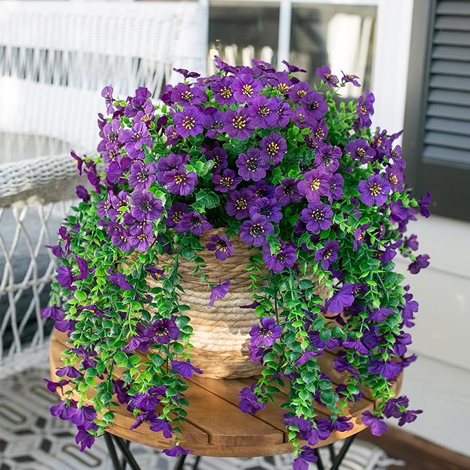 HyeFlora Artificial Flowers for Outdoors Garland Decoration, 2Pcs Dark Purple Fake Hanging Flowers, UV & Fading Resistant, Faux Decor for Home Porch Patio Balcony Planter Yard