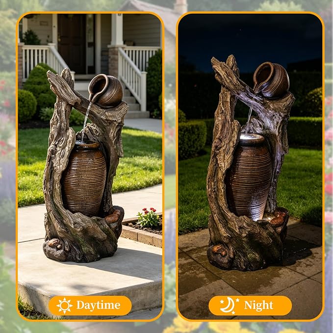 Solarbloom 39.3" H Outdoor Fountain with LED Lights and Pump, Farmhouse Clay Pot Floor Standing Waterfall Fountain, Garden Water Feature Decor