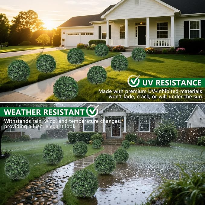Artificial Boxwood Topiary Trees with Ground Spike,4 Pieces Fake Boxwood Ball Shrubs Bushes, UV Resistant Faux Evergreen Cypress Tree Plants for Indoor Outdoor Planters Front Porch