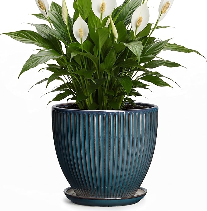 Ceramic Plant Pots, 8 Inch Planters for Indoor Plants, Decorative Flower Pots with Drainage Hole and Saucer, Round Planter, Indoor Flower Pot, Modern Home Decor, Plant Lover Gifts, Retro Blue