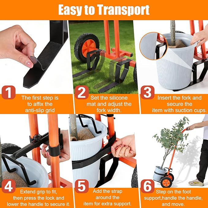 Plant Caddy with Wheels, Heavy Duty Plant Dolly Cart with Non-Slip Silicone Grids Adjustable Grabbing Arm, Suction Cups, Indoor Outdoor Plant Mover for Heavy Pots, Supports Plants Up to 175 lbs Orange
