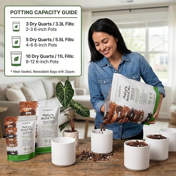 Molly's Aroid Mix - Premium Soilless Potting Mix for Houseplants - Fast Draining, Chunky & Easier to Water vs. Soil for Indoor Plants - with Bark, Coco Chips, Worm Castings, Mycorrhizae 10 Dry Quarts