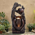 32" H Outdoor Water Fountain, Rustic 2-Tier Clay Pot Water Fountain and Waterfalls with 2 Warm LED Lights, Natural Feature Garden Fountains for Patio, Backyard, Deck, Porch, Home Decor