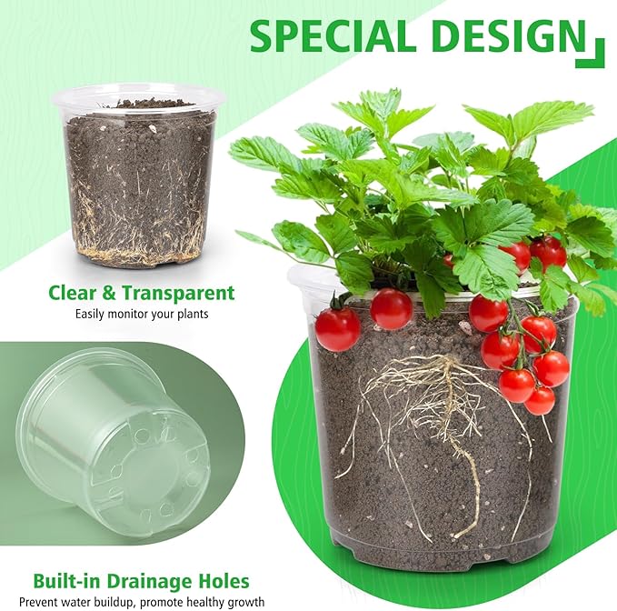 6/8/10 Inch Large Clear Nursery Pots with Drainage, 12 Pack Plastic Pots for Plants, Ideal Seedling Pots and Plant Pots for Vegetables, Orchids, Aloe, Indoor Outdoor Use (6 8 10 inch)