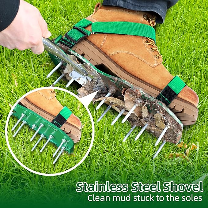 Ohuhu Lawn Aerator Shoes for Grass: Free-Installation Aeration Shoes with Stainless Steel Shovel, Heavy Duty Spike Aerating Sandals Lawn Tool for Yard Patio Garden