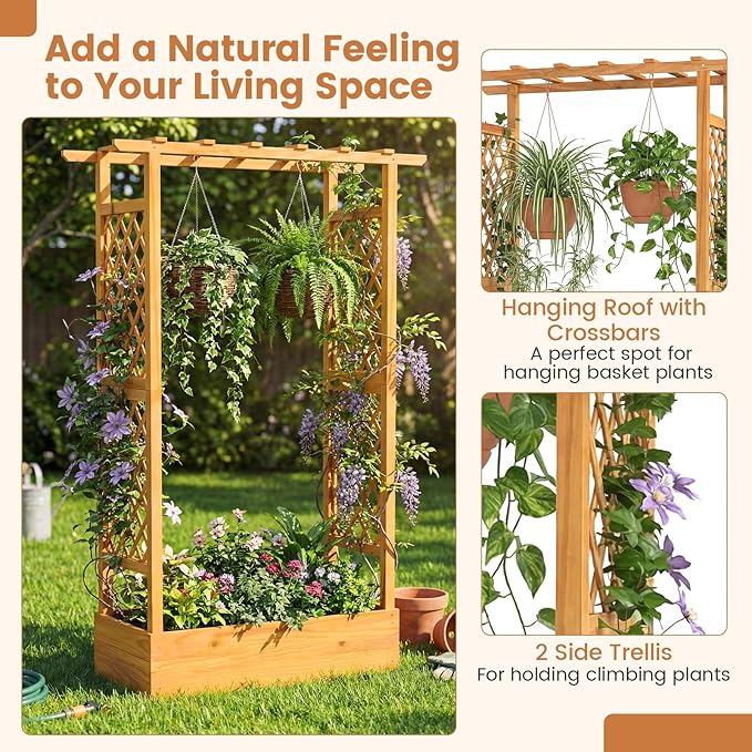 Happygrill 70" Raised Garden Bed with Trellis, 2 Pack Wood Planter Box w/Hanging Roof, 2 Side Trellises, Open-Ended Base for Flower, Climbing Plant, Plant Container for Garden