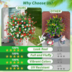 2 Pack 24" White Red Faux Topiary Ball Trees with Spikes, UV Resistant Artificial Boxwood Plants with Flowers, Fake Shrubs for Spring Outdoor Planters, Front Porch Garden Decor