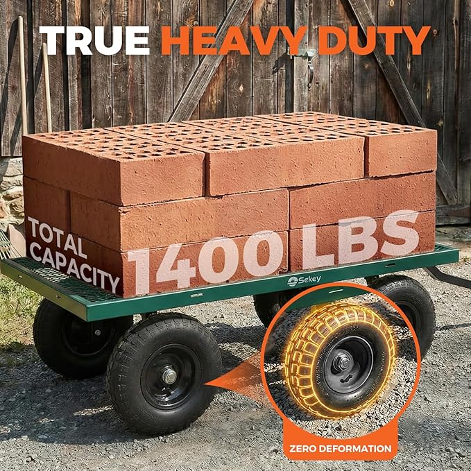 Sekey 1400lbs Heavy Duty Steel Garden Cart for Farm & Construction, 7.7 Cu.Ft. Extra-Large Utility Wagon with Removable Sides, 2-in-1 Towable Handle, 13" Rubber Tires, Green