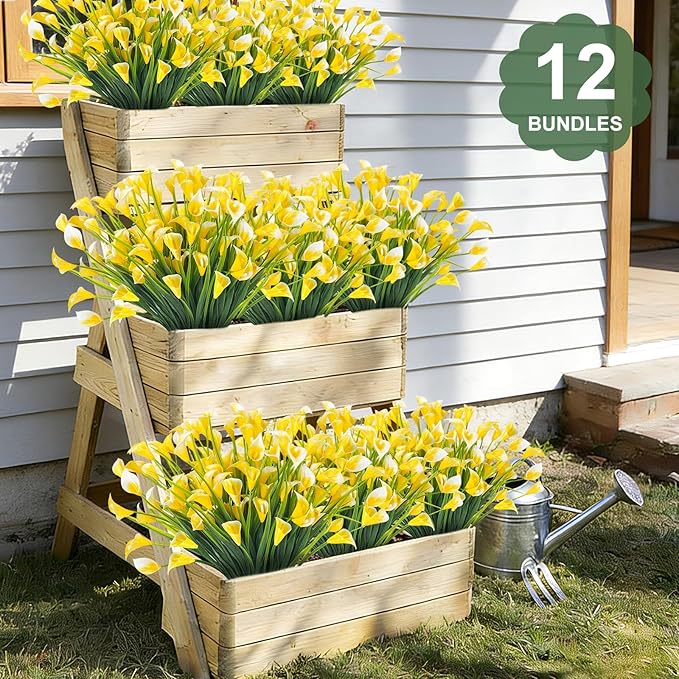 TURNMEON 12 Bundles Calla Lily (240 Heads) Artificial Flowers for Outdoors, Fake Plants UV Resistant Faux Plastic Fake Flowers for Indoor Planter Home Porch Yards Spring Summer Cemetery Decor(Yellow)