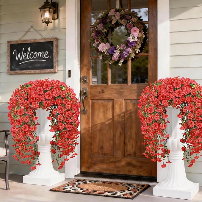 Artificial Hanging Flowers for Outdoors, 2 PCS 300 Blooms UV Resistant Morning Glory Faux Silk Vines, No-Odor Realistic Fake Plants for Garden Planter Porch Patio Decoration, Red
