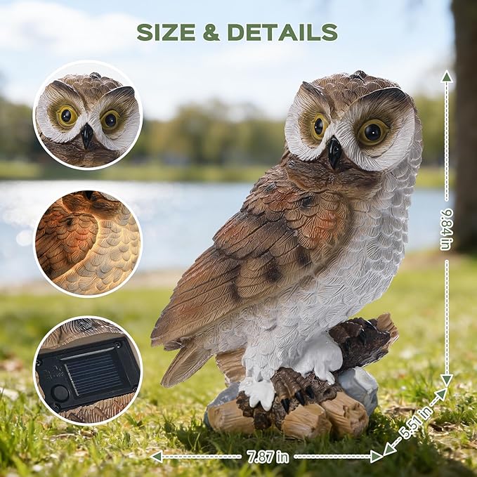 Solar Owl Garden Outdoor Statue,Owls Figurine Sculpture with LED Lights for Porch Patio Lawn Yard Deck Spring Summer Decor - Mother's Day Housewarming Gift for Women Men Owl Lover