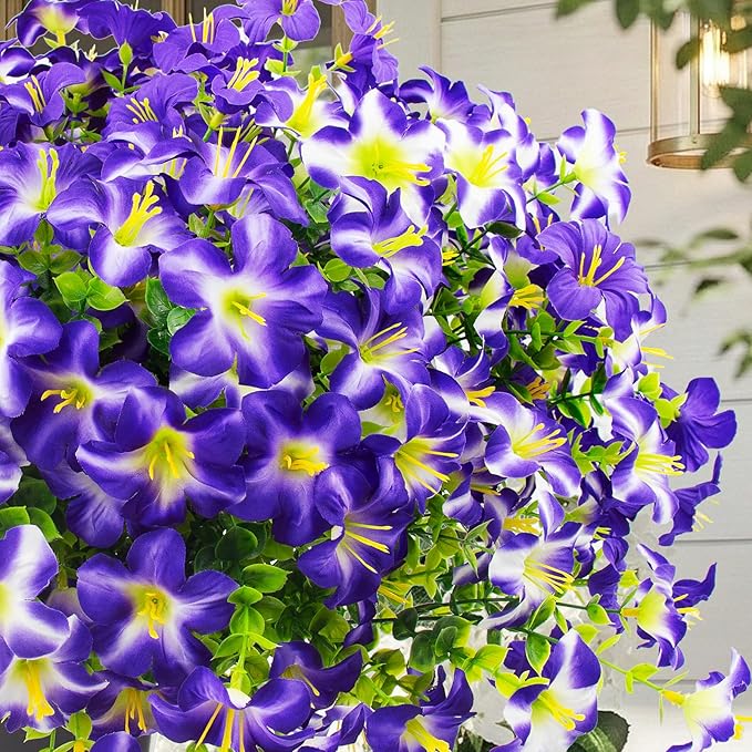 Daynight 32 Pcs Faux Petunias Artificial Flowers for Outdoors, UV Resistant Fake Purple Petunias Plants Realistic Silk Flowers for Porch Front Door Garden Window Outside Decor (32, Purple)
