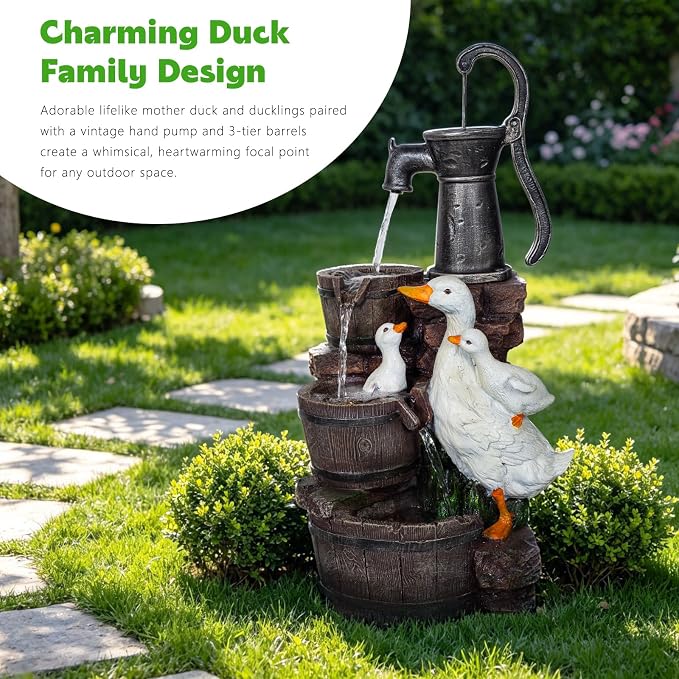 29.1" H Duck Outdoor Fountain with LED, Cascading Waterfall Garden Fountain, Freestanding Water Feature for Patio, Yard, Lawn, Deck and Home Decor