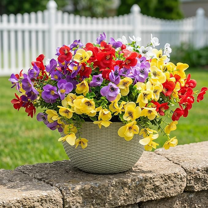 Artificial Flowers for Outdoor, UV Resistant Fake Silk Pansies Flowers, Realistic Faux Plants for Outside Indoor Porch Patio Window Box Planter Home Decor (16, Yellow Purple White Red)