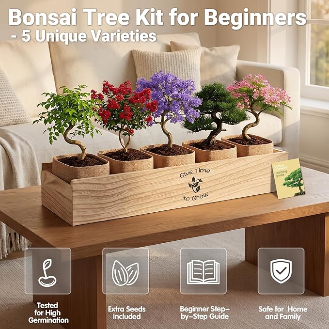 Bonsai Tree Starter Kit for Beginners 5 Unique Indoor Bonsai Trees with Gardening Tools DIY Bonsai Growing Kit Perfect Gifts for Women Men Plant Lovers for Birthday Easter Housewarming
