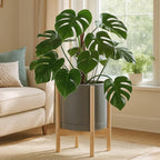 D'vine Dev Ceramic Planter with Natural Stand - 12 Inch Modern Round Flower Pot with Wood Planter Holder, Grey, 55-B-J-3