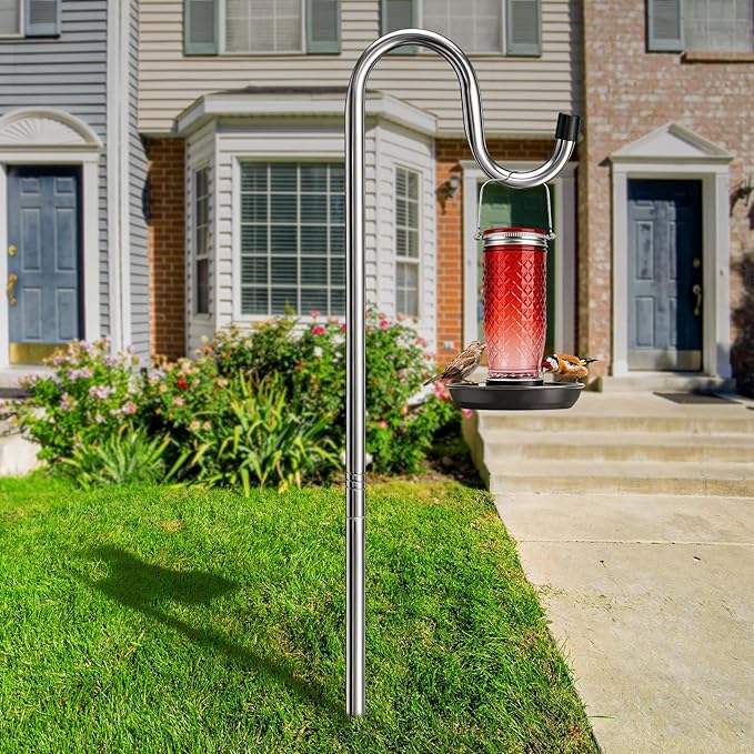 COCONUT Shepherds Hook, 62 Inches Shepherds Hook with 5 Prongs Base Stainless Steel Adjustable Garden Hanging Holder for Bird Feeders Lanterns Planting Hanger Weddings Decor, Silver
