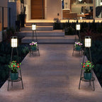 2-in-1 Solar Lights Outdoor with Plant Stand, Waterproof Solar Floor Lamp & Tall Metal Planter Holder for Outside, Decorative Tripod Pathway Lantern for Patio, Garden, Porch, Yard Decor (2 Pack)