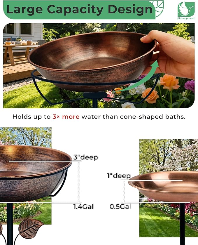 3" Deep Metal Bird Bath for Outdoors, Removable 13" Dia Bowl with Stable Upgrades Stake, Easy to Clean Birdbaths for Garden Yard Lawn Decor 1.4 Gallon