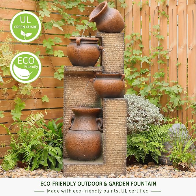 Bumilgar 53" H Large Outdoor Water Fountain with Lights - 4 Tiered Cascading Bowls Waterfall Fountain for Garden, Patio, Backyard, Porch Inside - Freestanding Outdoor Water Feature Gold