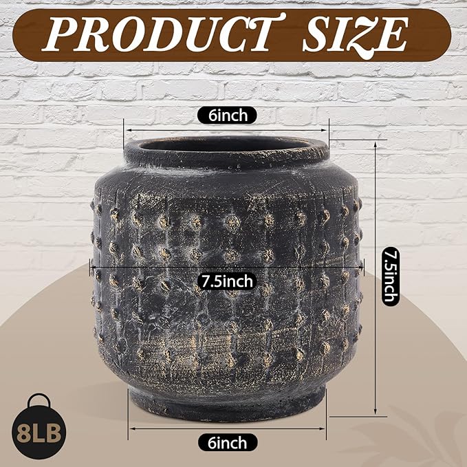 FillTouch 2 Pcs Rustic Hobnail Planter Pot, 7.5" Indoor Outdoor Cement Fiber Flower Pot, Decorative Farmhouse Container for Succulent, Flower & Herb, Vintage Brown Vase for Patio, Balcony Home Decor