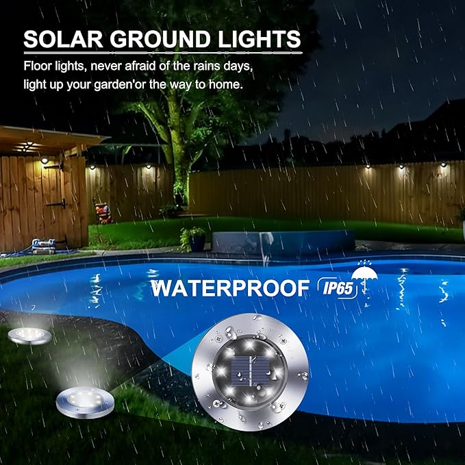 LYHOPE Solar Ground Lights Outdoor, 12 Pack 8 LED Solar Disk Lights Waterproof Garden In-ground Pathway Light Landscape Lighting for Lawn,Yard,Deck,Patio,Walkway (White)