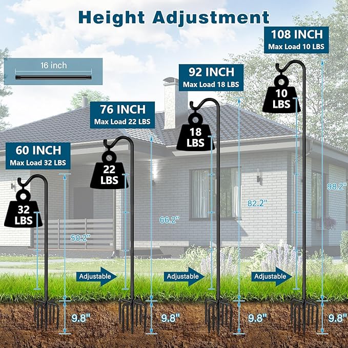 Gtongoko 2 Pack 108 Inch Tall Shepherds Hooks for Outdoor Bird Feeders, Heavy Duty Bird Feeder Pole Stand, Adjustable Hanger for Plant, Lights, Lanterns Wedding Decor with 7 Prongs Base