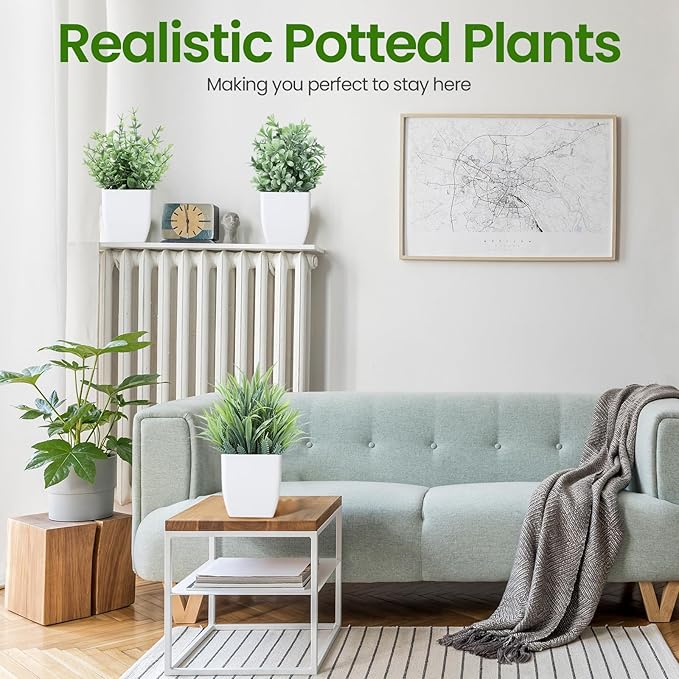 Unittype 12 Pcs Fake Plants Small Artificial Faux Plants for Shelf Mini Plastic Potted Greenery for Home Office Desk Bathroom Bedroom Indoor Decor(White Pot,Gray)