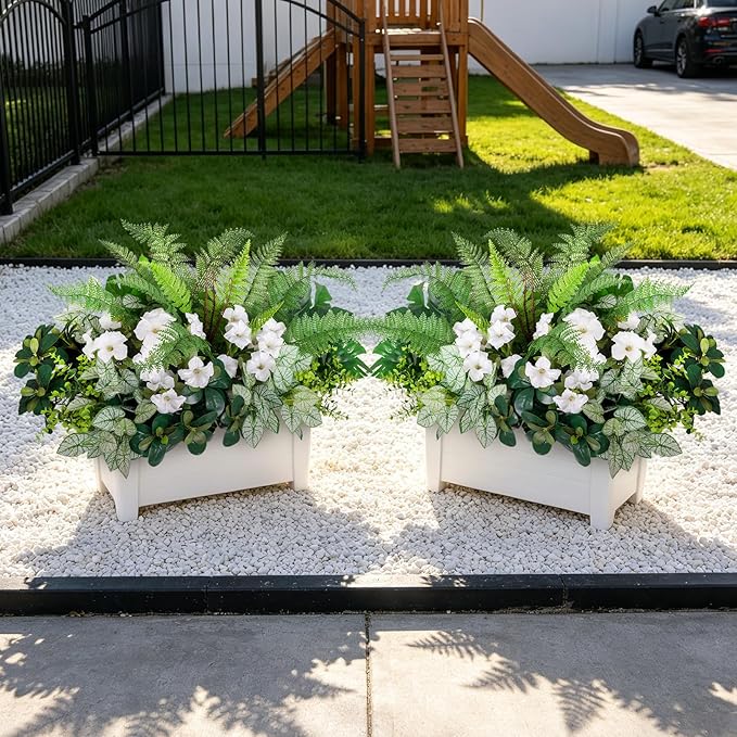 Hrobek Outdoor Faux Plants UV Resistant - 8 Bouquets Realistic Artificial Eucalyptus Fern Morning Glory Greenery for Patio Garden Front Porch Decor Weatherproof Fake Plants for Outside