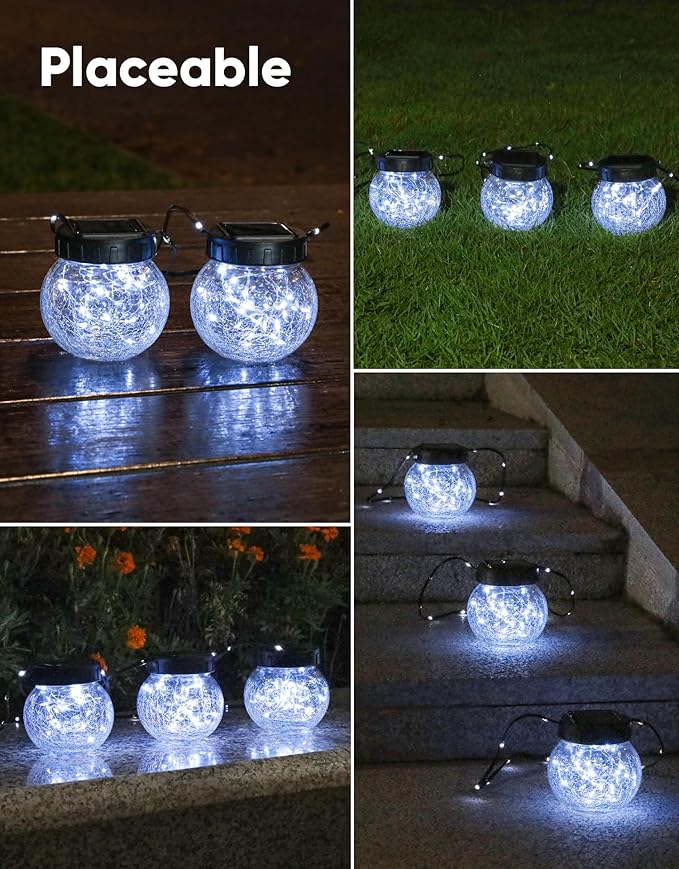 PARTPHONER Solar Lights Outdoor Waterproof 12-Pack, Solar Powered Hanging Lantern Cracked Glass Hanging Globes for Yard Decor Christmas Decoration, Shepherd Hook, Garden Tree Ornaments, Cold White