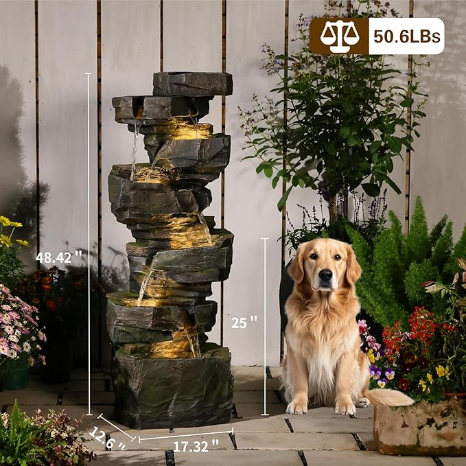 Sunlinua 48.6" H Outdoor Water Fountain with 6 Tiers Large Cascading Realistic Rock Waterfall Fountains with LED Lights Outdoor Water Fountain for Garden Patio Backyard Porch Home Decor