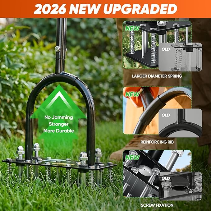 Saker Manual Lawn Aerator Tool, with 15 Iron Spikes Adjustable Height, Double-Layer Spring, Heavy-Duty Iron Lawn Aerator Tool with Gloves for Loosening Soil Aerating Patio, Yard, Garden Orange