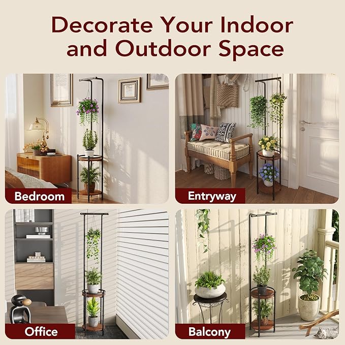 Homsorout Plant Stand Indoor Outdoor - Heavy Duty Metal 2-tier Hanging Plant Holder Space-Saving Iron Plant Stands Tall Plant Shelf for Living Room Garden Balcony（Rustic Brown and Black）