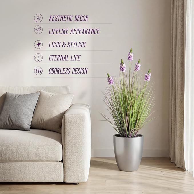 Artificial Plants Indoor Tall Grass Plants with Lilac Flower 35.4In Tall Artificial Ornamental Grass Green Onions Outdoor Fake Plants with Black Pot Home Office Decorative (1 Pack,Purple)