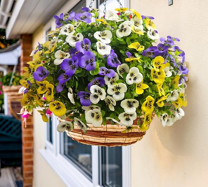 Artificial Flowers for Outdoors Fake Plants Spring Decor, 14 pcs Realistic Fake Pansies Silk Flowers UV Resistant, Lifelike Faux Outdoor Flowers for Porch Garden Patio Window Box Decor