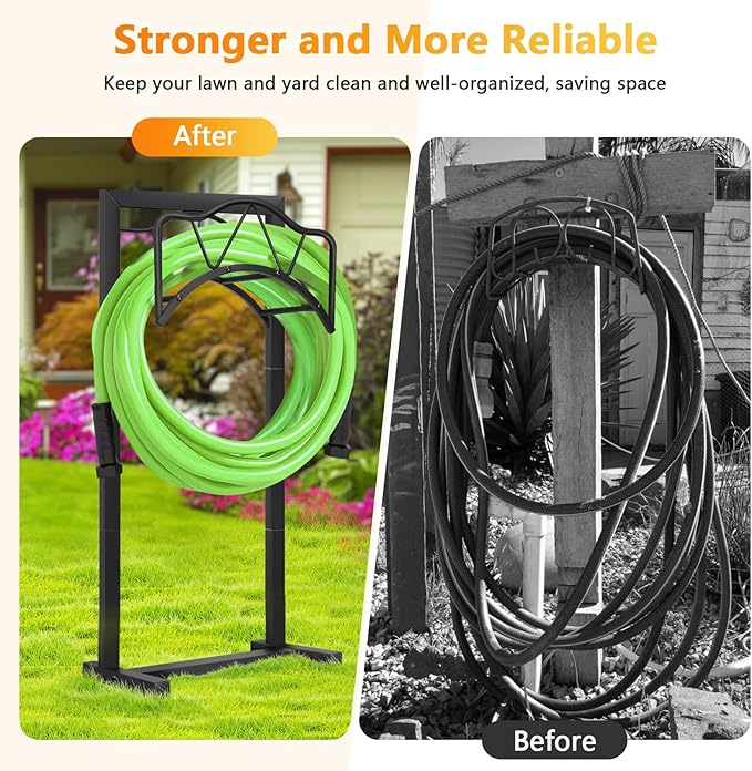 Freestanding Outdoor Garden Hose Holder, Heavy Duty Metal Storage Stand with 4 Spikes, Space Saving Organizer for Patio, Lawn, Backyard, Holds up to 150ft Hose, Black