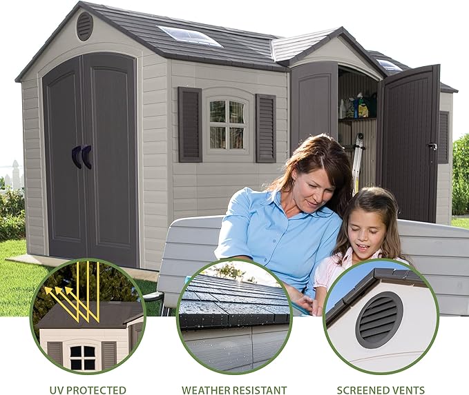 Lifetime 15×8 Ft Dual‑Entry Outdoor Storage Shed, Steel‑Reinforced, UV‑Protected, Weather‑Resistant Backyard Garden Shed with Skylights, Windows & Shelving, Desert Sand