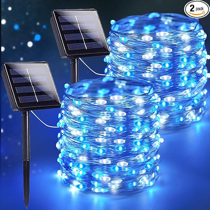 Extra-Long 144FT Solar String Lights for Outside, 2 Pack 400LED Solar Fairy Lights Outdoor Waterproof, Copper Wire with 8 Modes Solar Powered Twinkle Lights for Tree Party Xmas Decor (Blue and White)