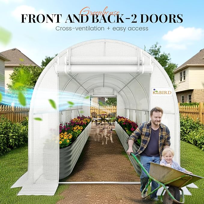 KING BIRD Premium 15x6.6x6.6FT Greenhouse for Outdoors, Large Walk-in Upgraded Galvanized Metal Frame, Mesh Door Screen Window Improved Zipper Tunnel Hoop for Garden Plant Winter, White