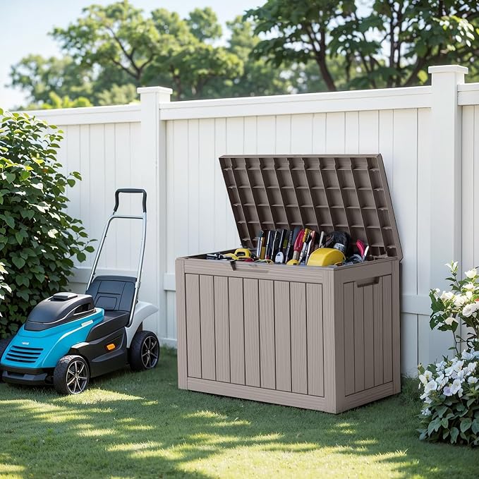 45 Gallon Waterproof Resin Deck Box, UV Resistant Outdoor Storage for Garden, Patio, Porch, Delivery（Grey，45 Gallon）