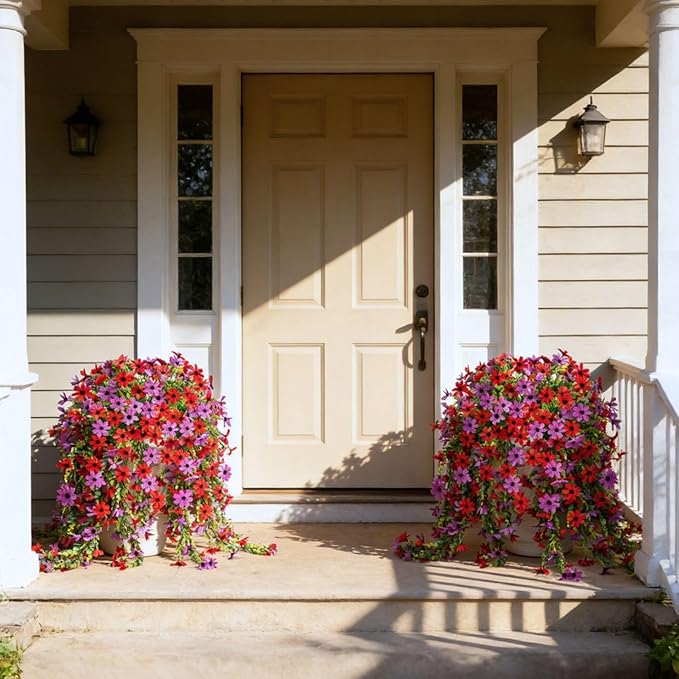 Fake Artificial Hanging Flowers for Outdoors Fake Plants Decoration, 2 Bundles Faux Silk Colorful Daisy Eucalyptus Realistic UV Resistant for Outside Home Planter Porch Patio Yard Decor(Purple Red)