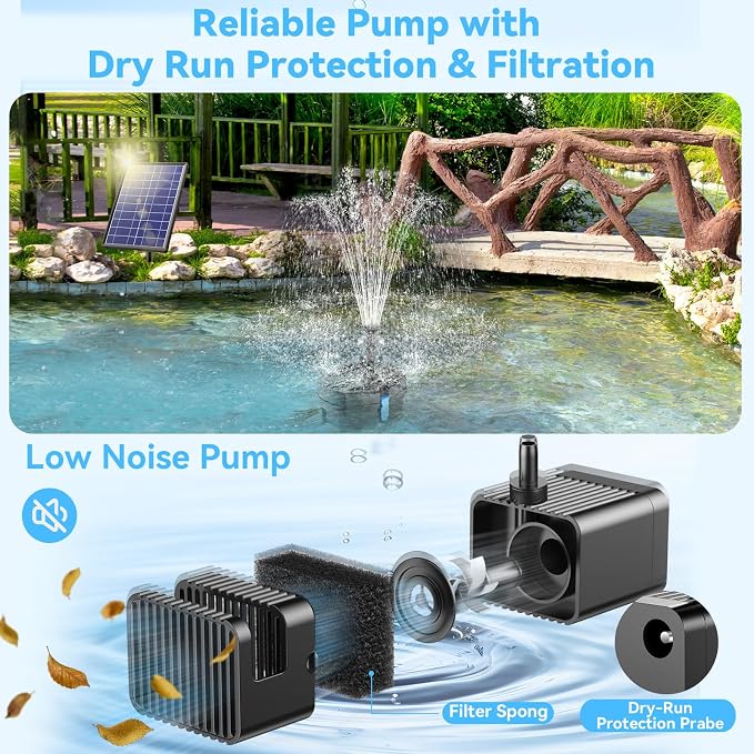 POPOSOAP Solar Pond Filter with Fountain Pump Built-in Battery Backup | 8W Solar Pond Pump with 8 Nozzles & 5Ft PVC Tubing, Dry-Run Protection for Outdoor Ponds Bird Baths DIY Water Feature