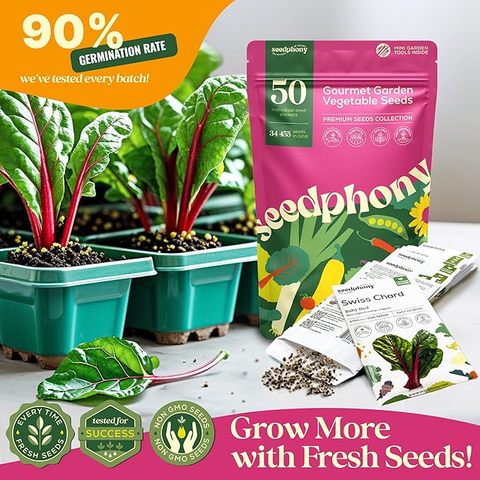 Seedphony 50 Gourmet Garden Vegetable Seeds Variety Pack - 34,455+ Non-GMO Heirloom Vegetables Seeds for Planting Indoor Outdoor: Broccoli, Carrot, Onion, Lettuce, Pepper - Gardening Seed Packets