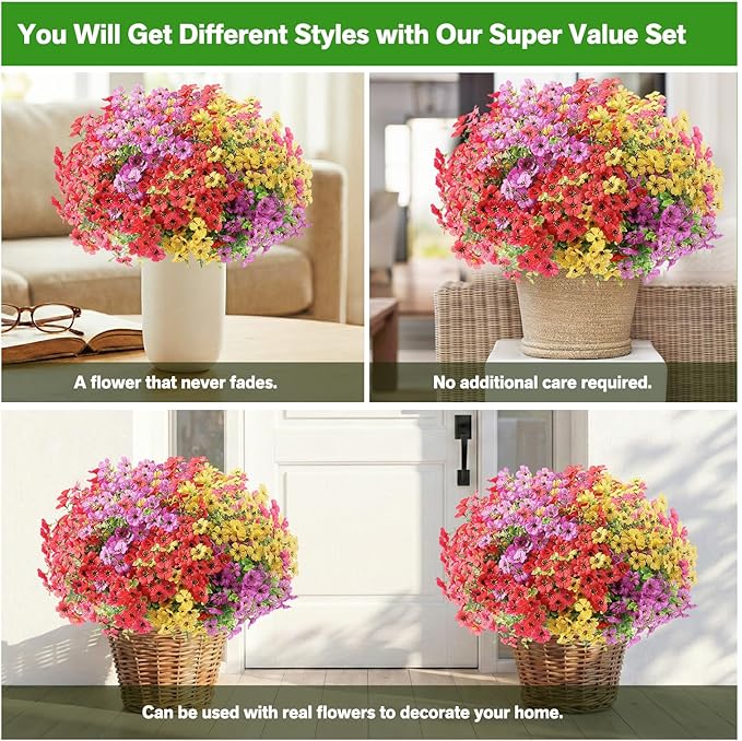 Artificial Flowers for Outdoor,Silk Flowers No Fade Fake Plastic Flowers UV Resistant Faux Plants for Outdoors Outside Front Porch Hanging Planter Window Box Garden Home Decoration,42 Pack(Mixed)