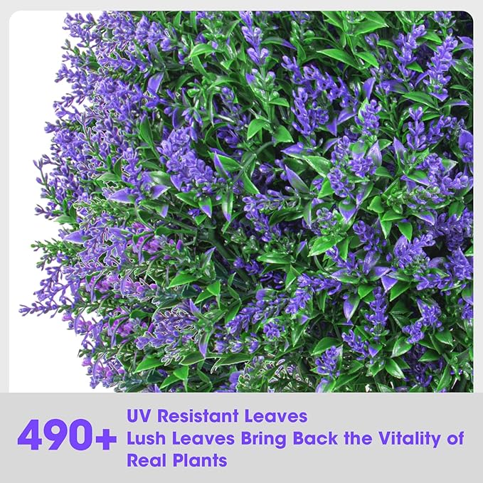 25.6" Artificial Lavender Topiary Ball Plants, 2 Pack Faux Bushes with Spike – UV Resistant & Fade Resistant Artificial Shrubs, Spring Artificial Plants for Indoor Outdoor Front Porch Garden