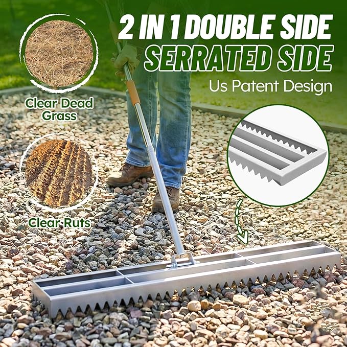 Lawn Leveling Rake 2.0, 2-in-1 Double-Sided Landscape Leveler with 20 Marking Flags for Low Spot, Heavy Duty Stainless Steel Flat & Serrated Side for Soil Sand Gravel, Yard Garden Golf Course 48"×10”